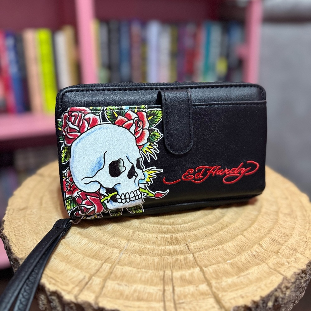 Ed Hardy Black Wallet with Skull and Floral Design